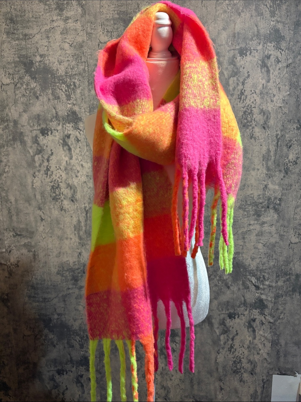 AKIRA oversized Neon Plaid Fringe Scarf - Hot Pink, Orange & Yellow